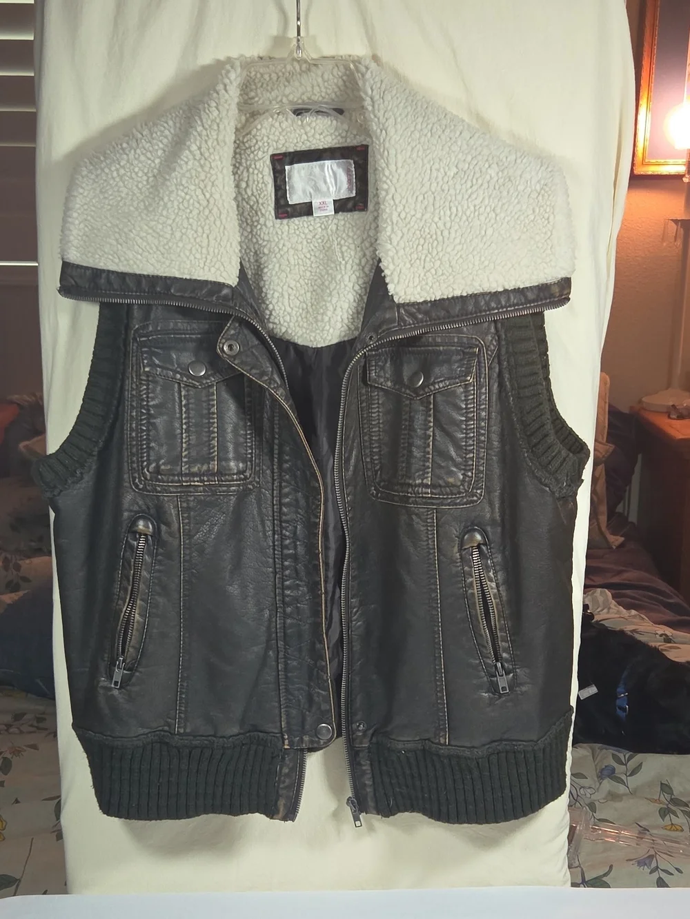 Rockabilly BikerCore 90's Dark Brown Faux Leather Vest with Sherpa Collar XXL